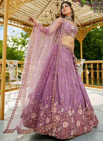 Marvelous Mauve Satin fully embroidered Mehendi event lehenga choli.